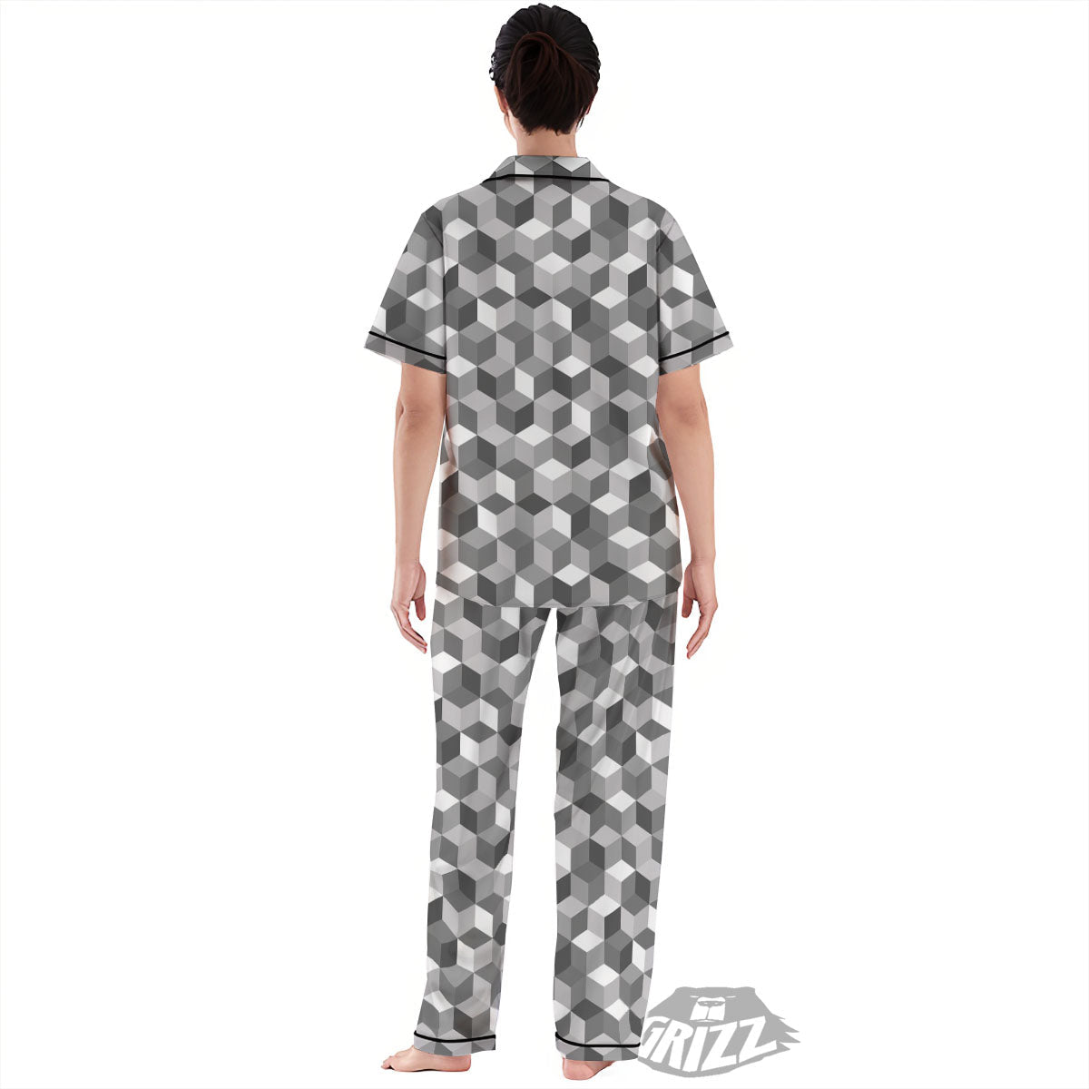 Cube Shape Grey Geometric Print Pattern Women's Pajamas Set-grizzshop