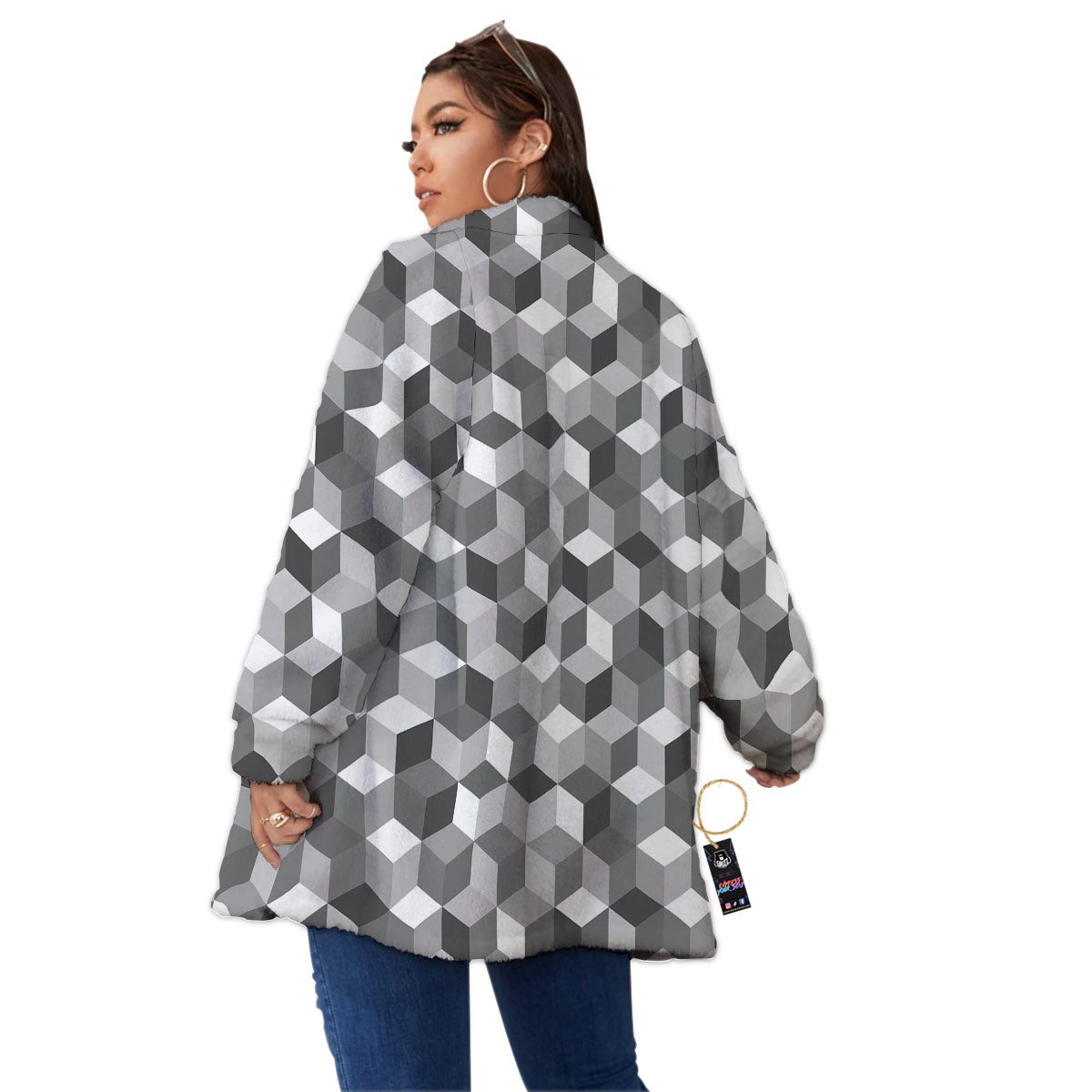 Cube Shape Grey Geometric Print Pattern Women's Sherpa Jacket-grizzshop
