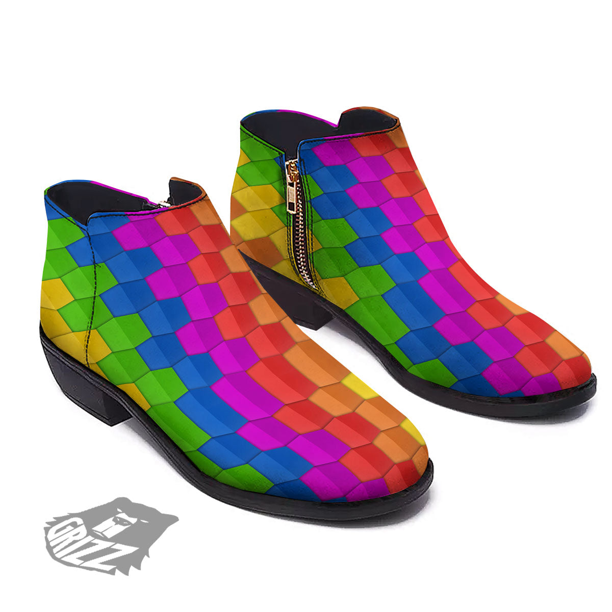 Cubes Rainbow Print Pattern Ankle Boots-grizzshop