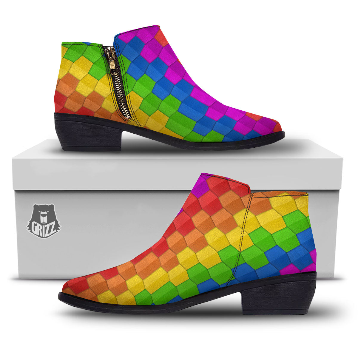 Cubes Rainbow Print Pattern Ankle Boots-grizzshop