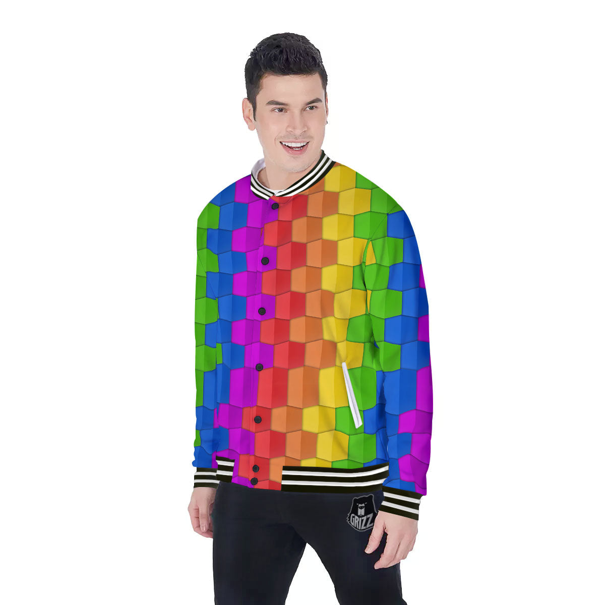 Cubes Rainbow Print Pattern Baseball Jacket-grizzshop