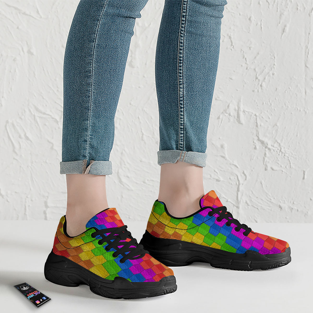 Cubes Rainbow Print Pattern Black Chunky Shoes-grizzshop