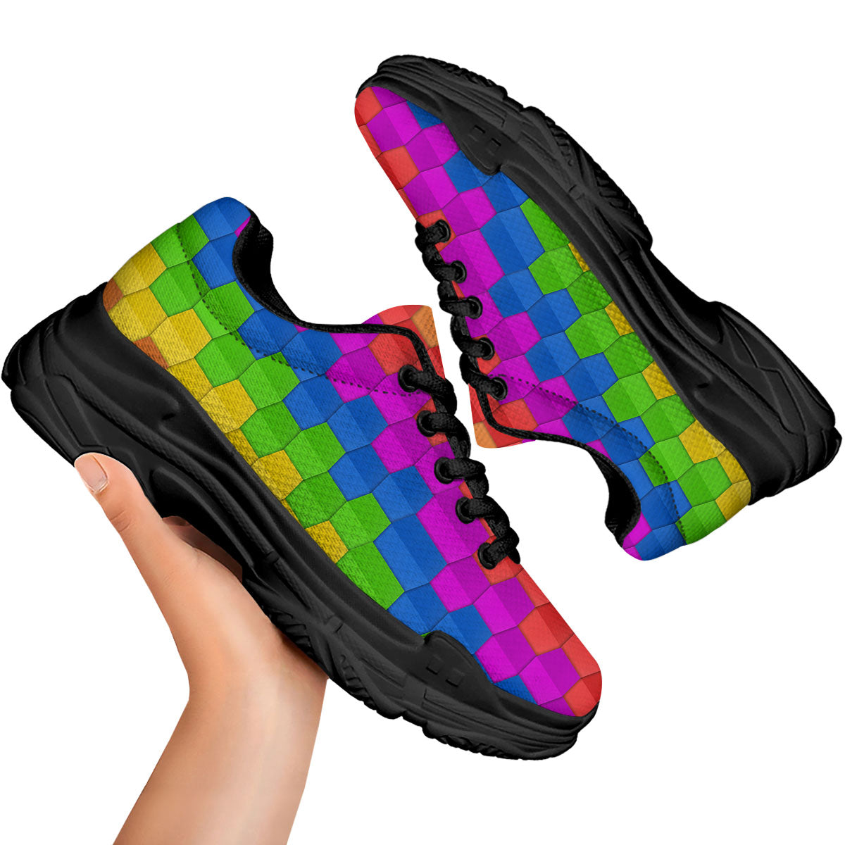 Cubes Rainbow Print Pattern Black Chunky Shoes-grizzshop
