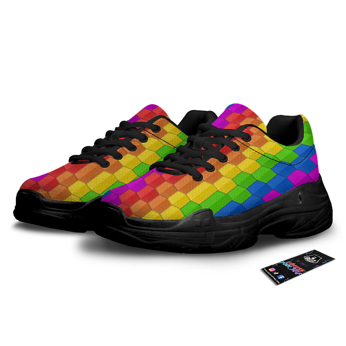 Cubes Rainbow Print Pattern Black Chunky Shoes-grizzshop