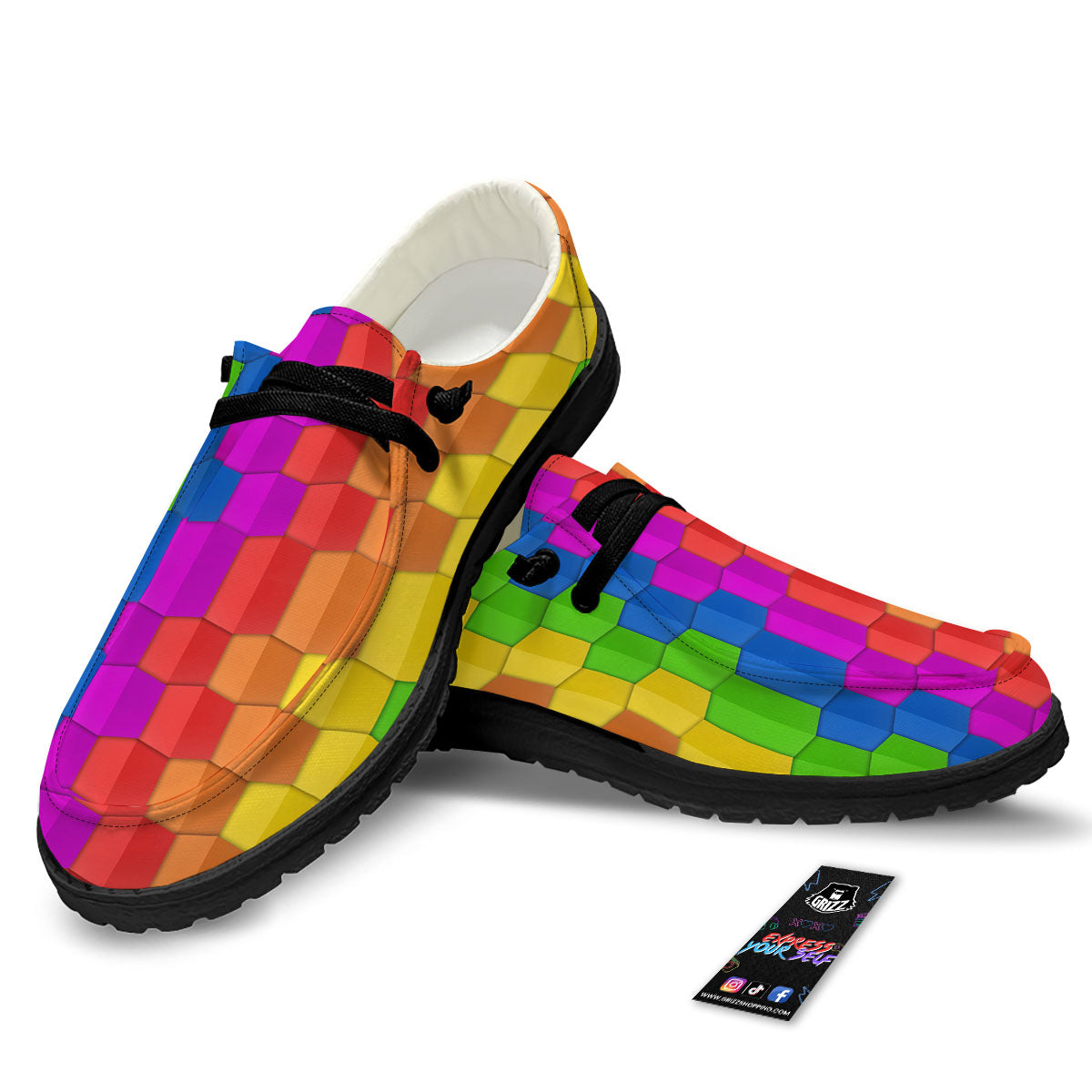 Cubes Rainbow Print Pattern Black Loafers-grizzshop