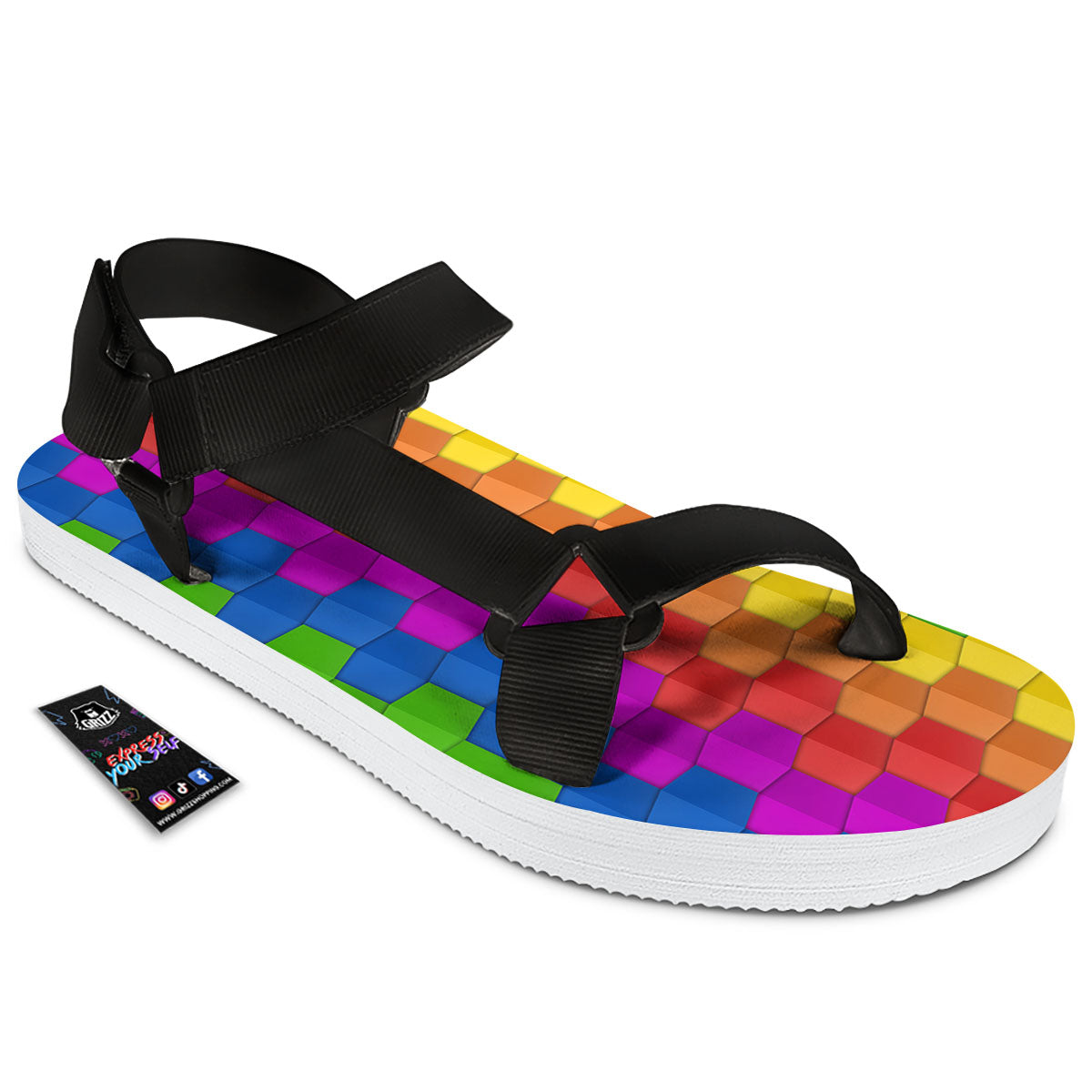 Cubes Rainbow Print Pattern Black Open Toe Sandals-grizzshop