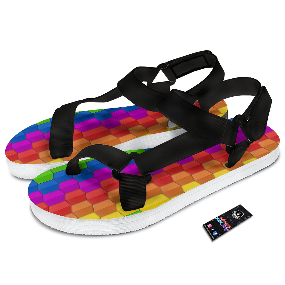 Cubes Rainbow Print Pattern Black Open Toe Sandals-grizzshop