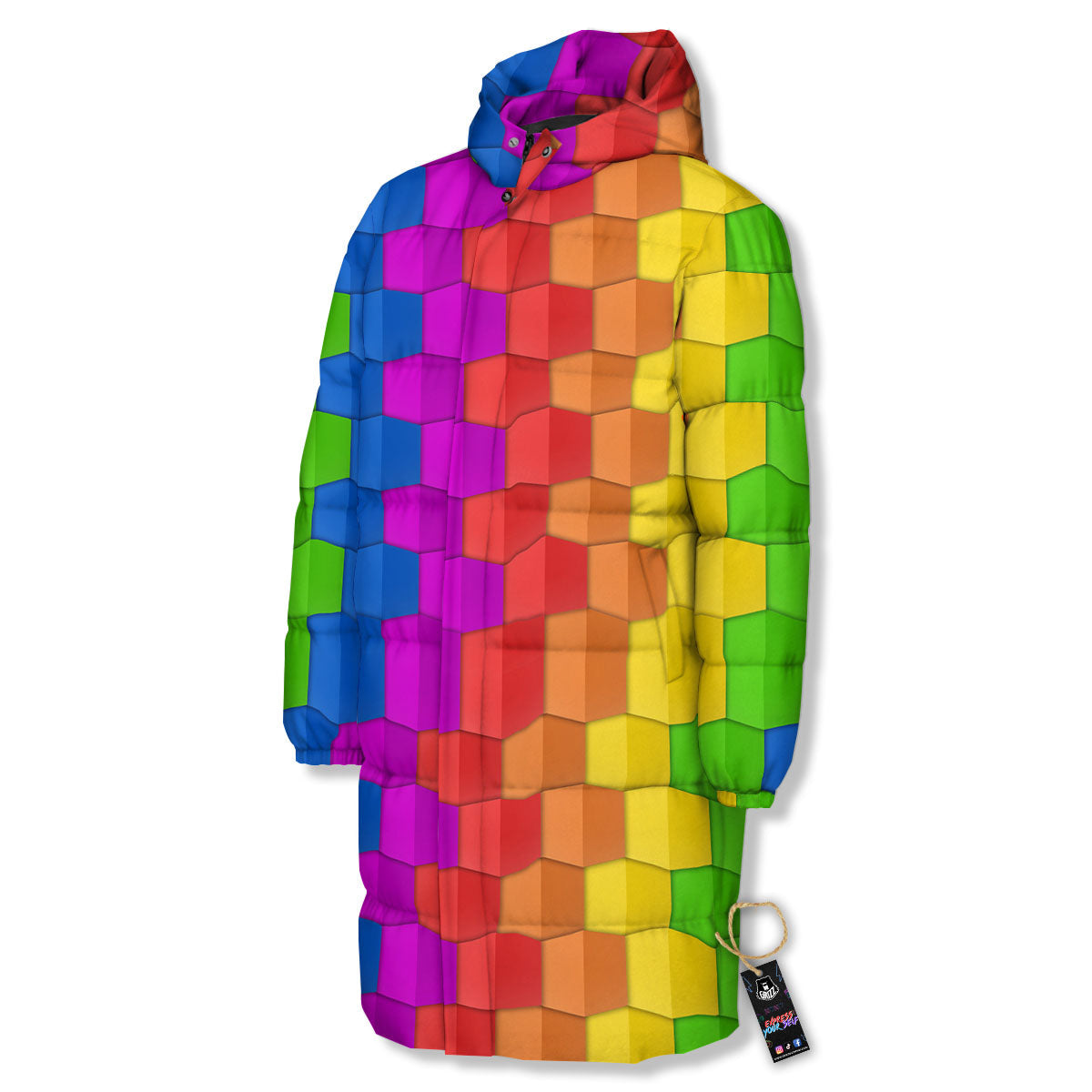 Cubes Rainbow Print Pattern Long Down Jacket-grizzshop