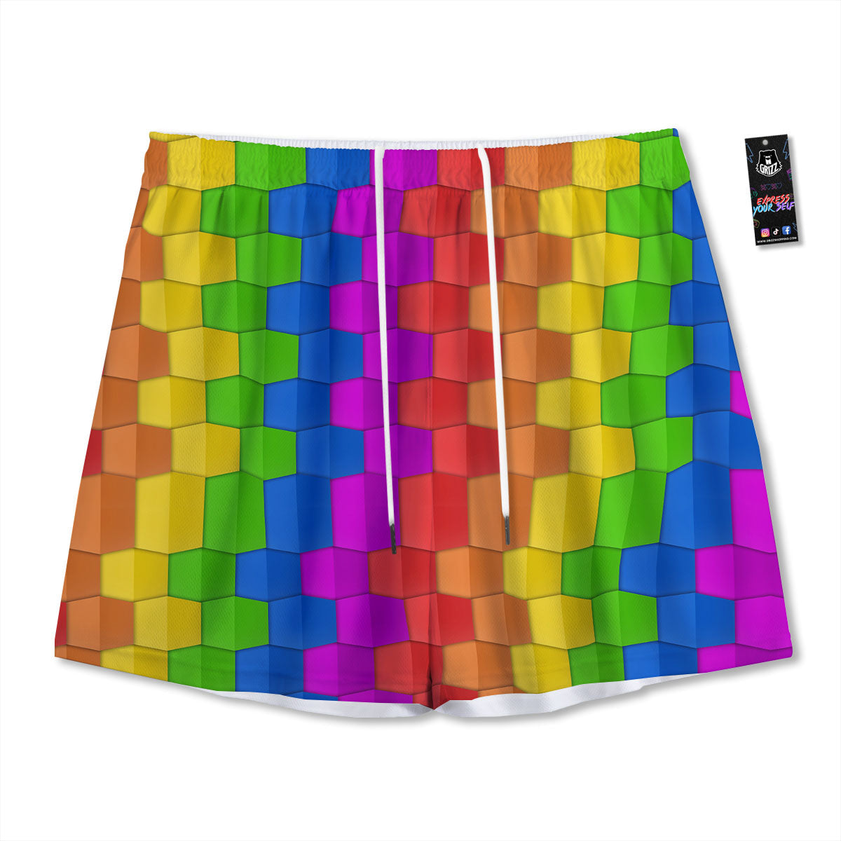 Cubes Rainbow Print Pattern Mesh Shorts
