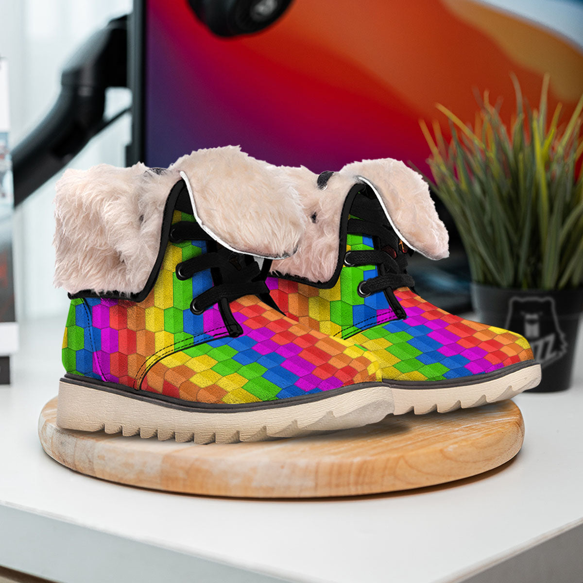 Cubes Rainbow Print Pattern Snow Boots-grizzshop