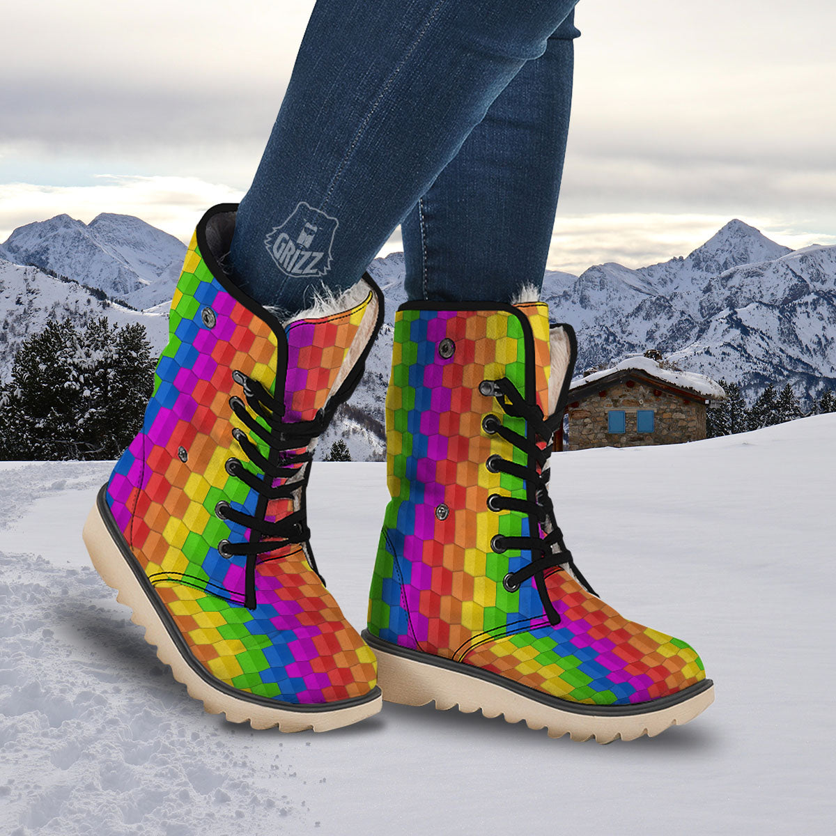Cubes Rainbow Print Pattern Snow Boots-grizzshop