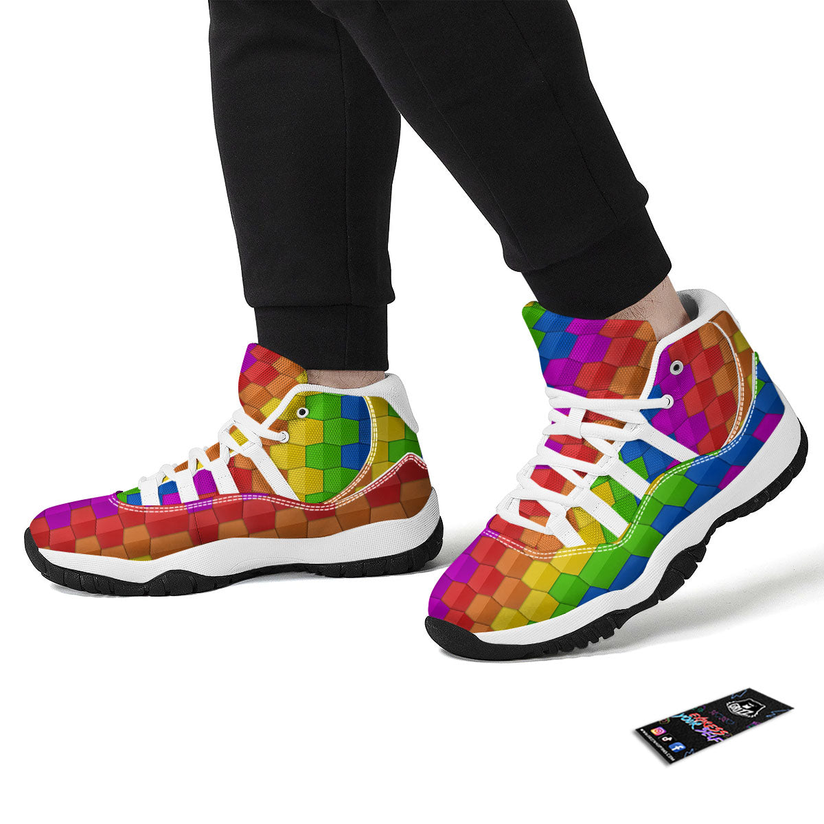 Cubes Rainbow Print Pattern White Bball Shoes-grizzshop