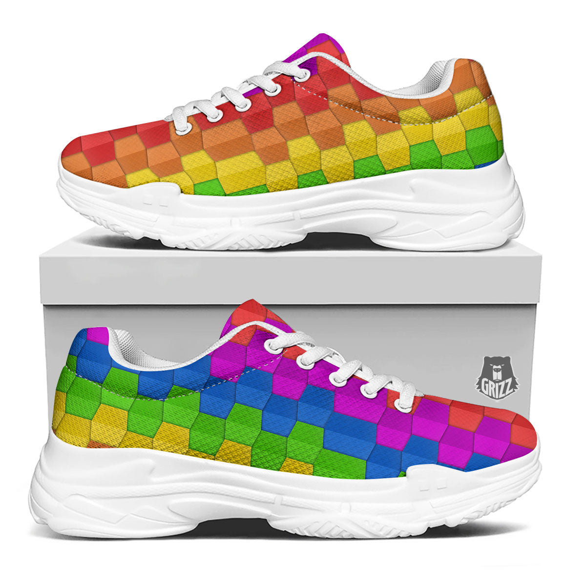 Cubes Rainbow Print Pattern White Chunky Shoes-grizzshop