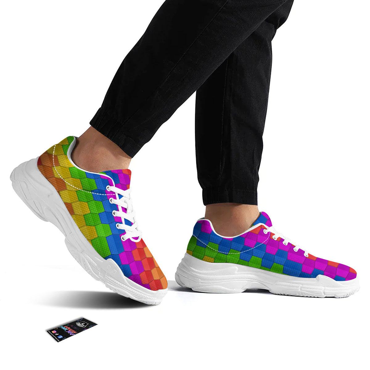 Cubes Rainbow Print Pattern White Chunky Shoes-grizzshop