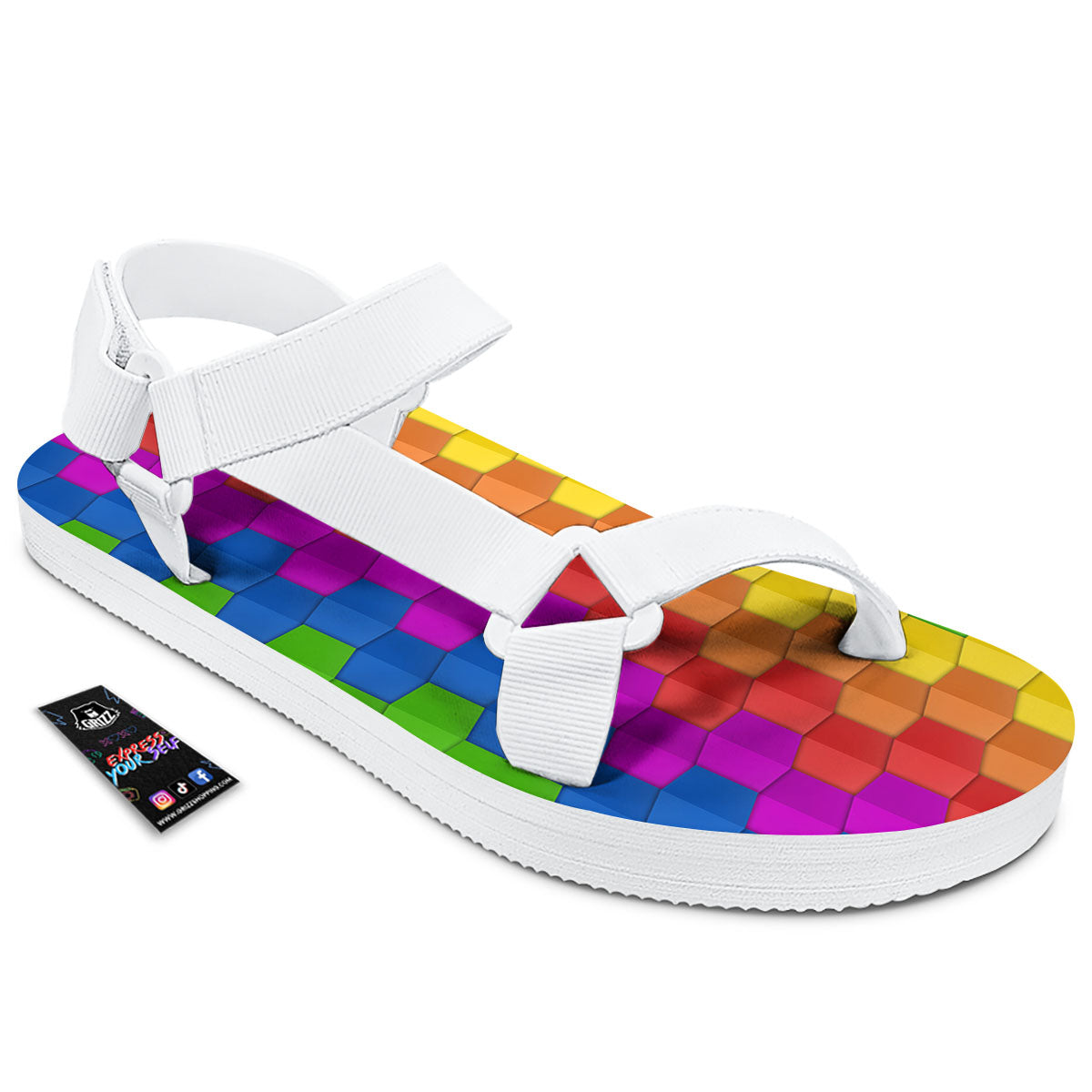 Cubes Rainbow Print Pattern White Open Toe Sandals-grizzshop