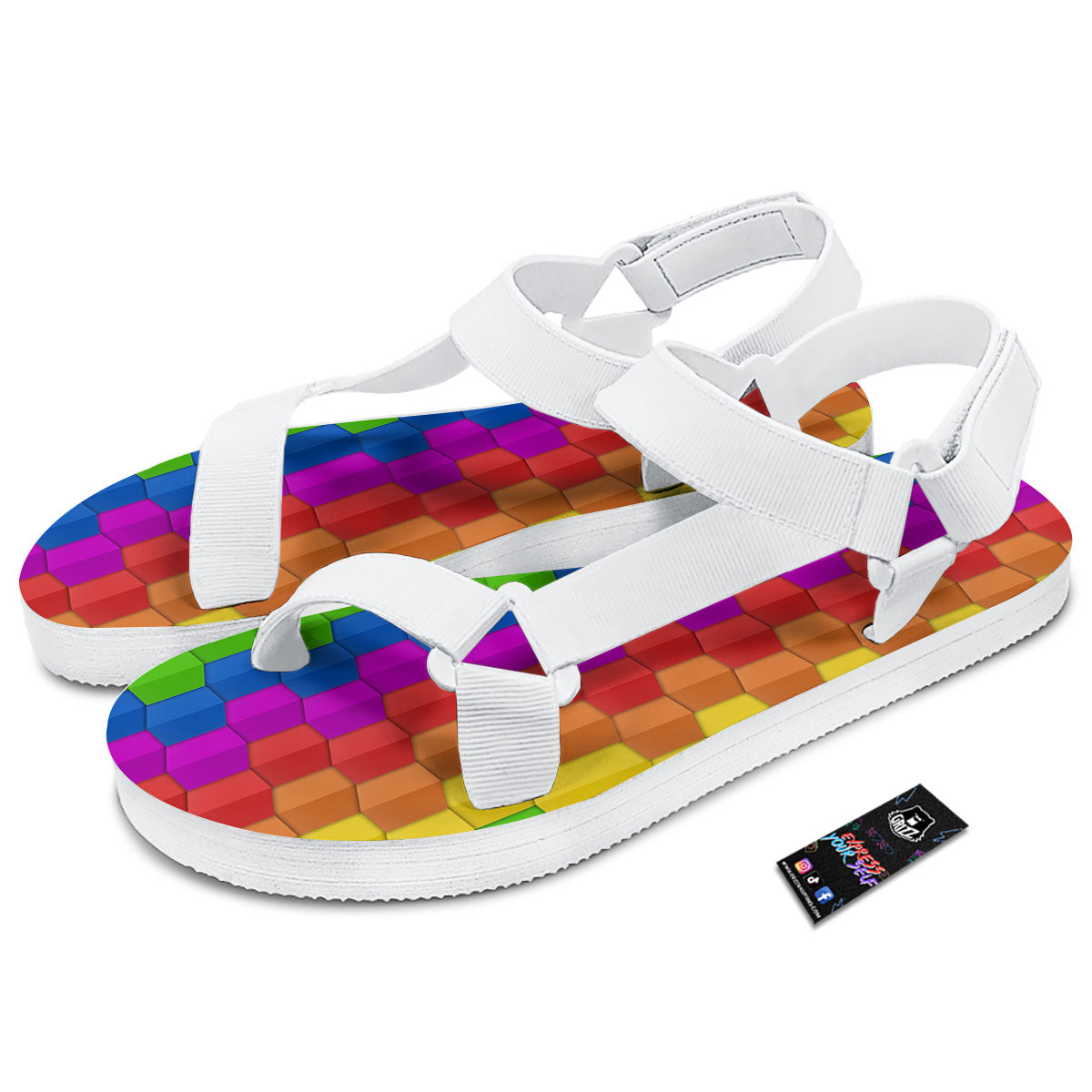 Cubes Rainbow Print Pattern White Open Toe Sandals-grizzshop