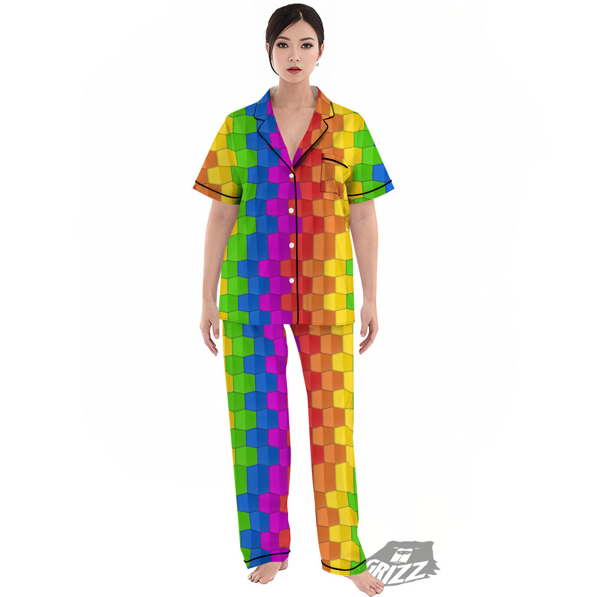 Cubes Rainbow Print Pattern Women's Pajamas Set-grizzshop