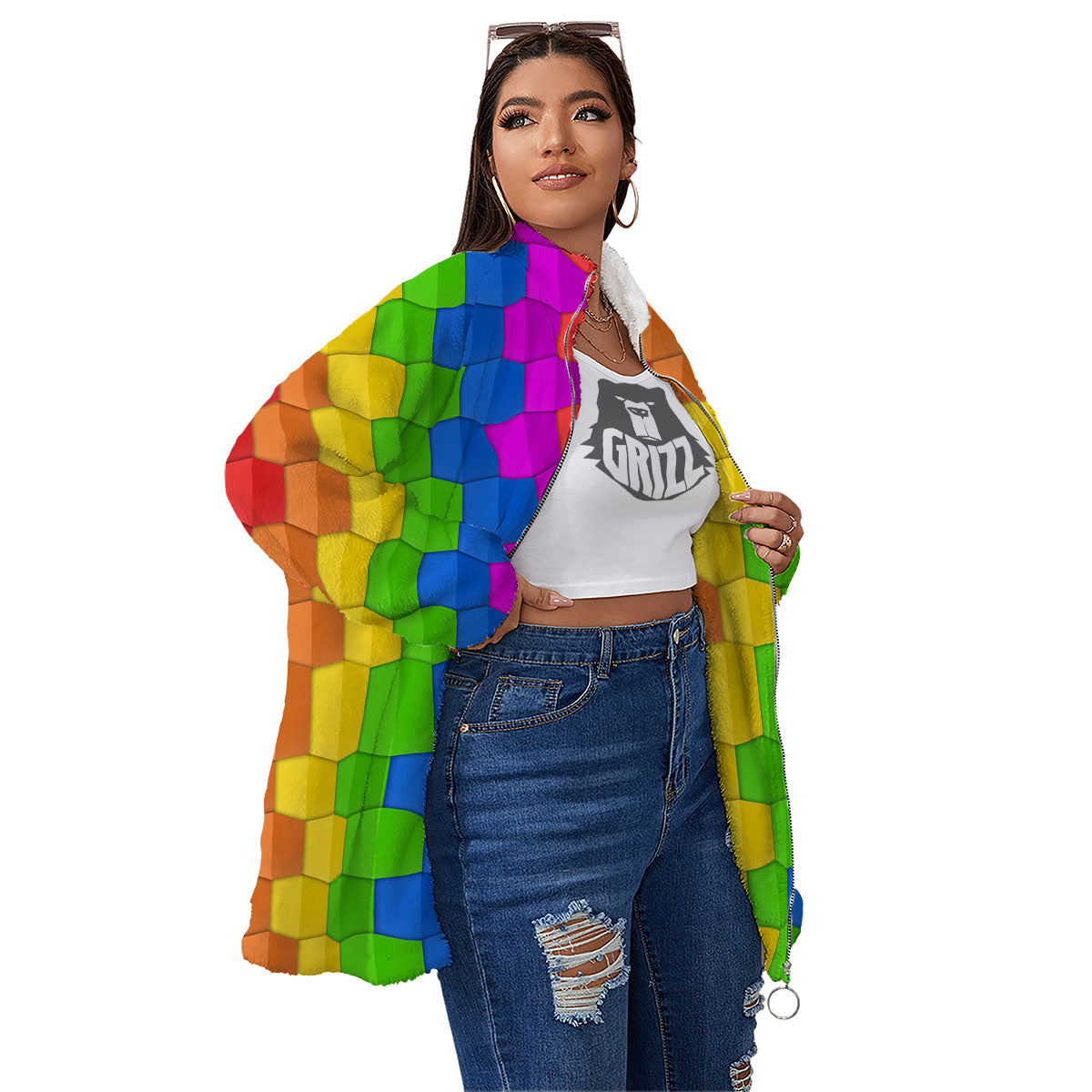 Cubes Rainbow Print Pattern Women's Sherpa Jacket-grizzshop