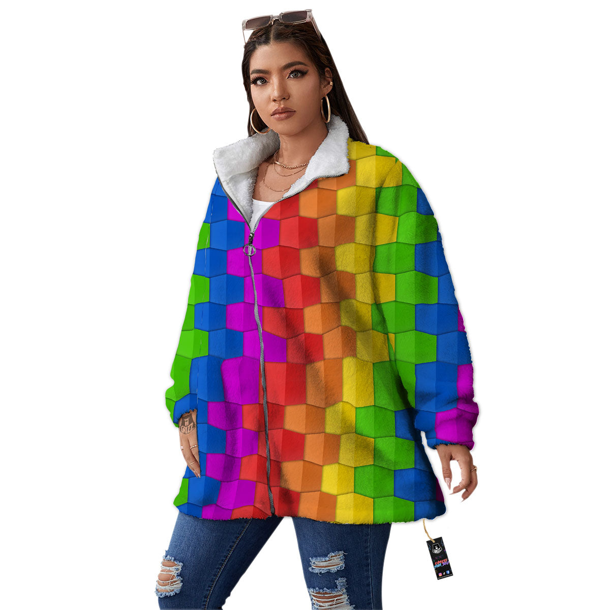 Cubes Rainbow Print Pattern Women's Sherpa Jacket-grizzshop