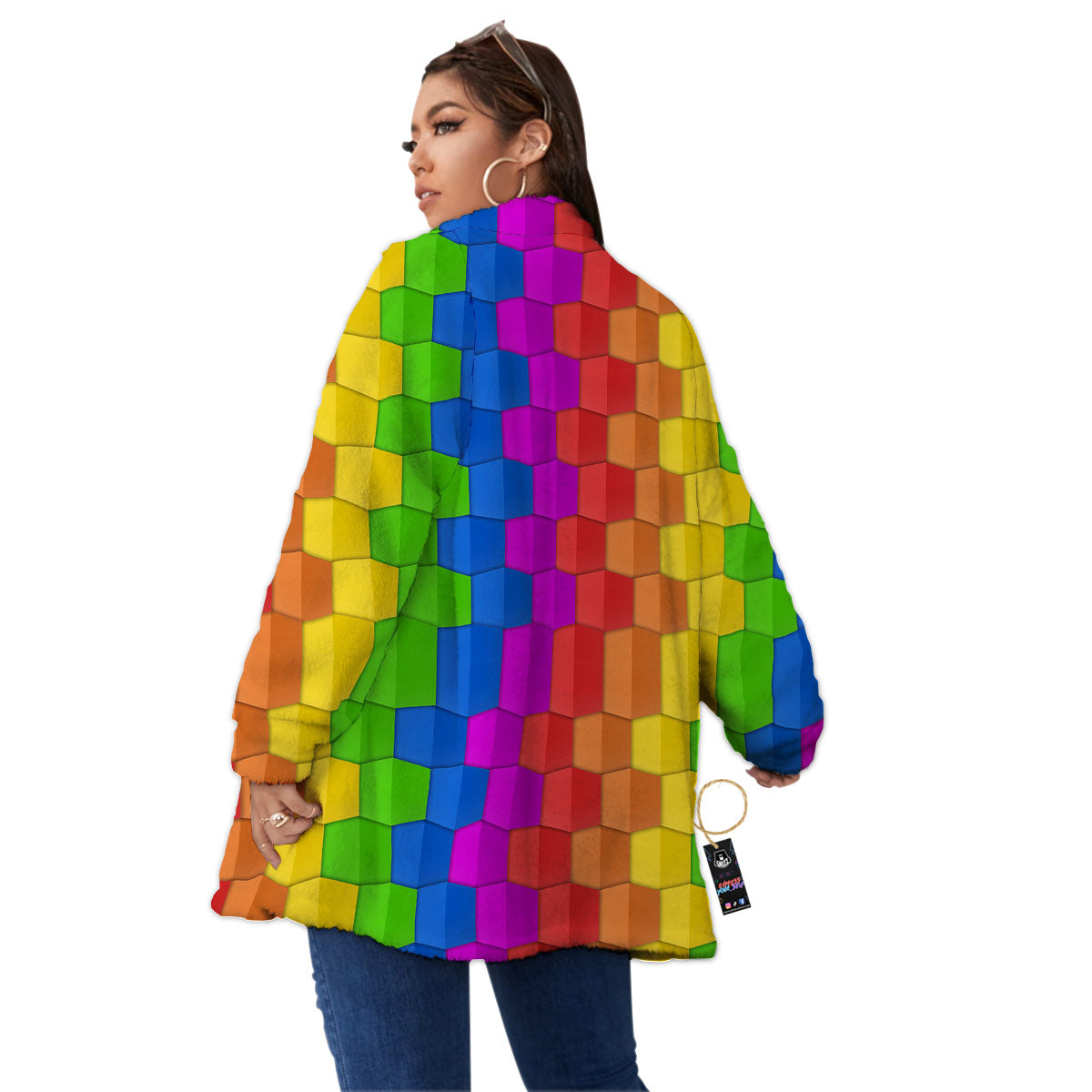 Cubes Rainbow Print Pattern Women's Sherpa Jacket-grizzshop
