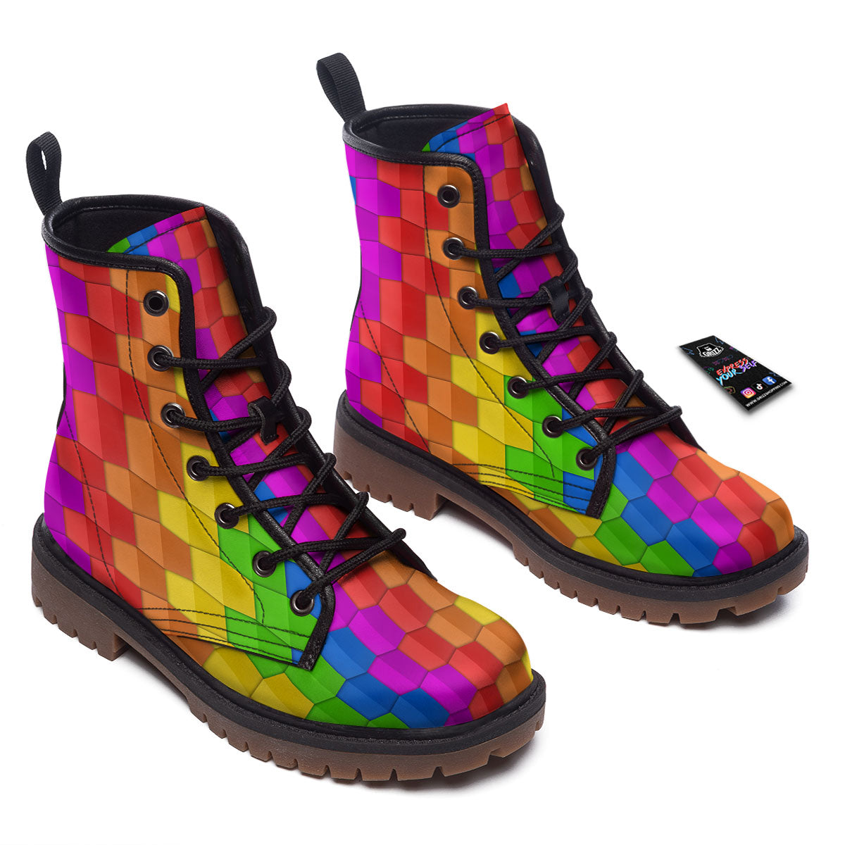 Cubes Rainbow Print Pattern Work Boots-grizzshop