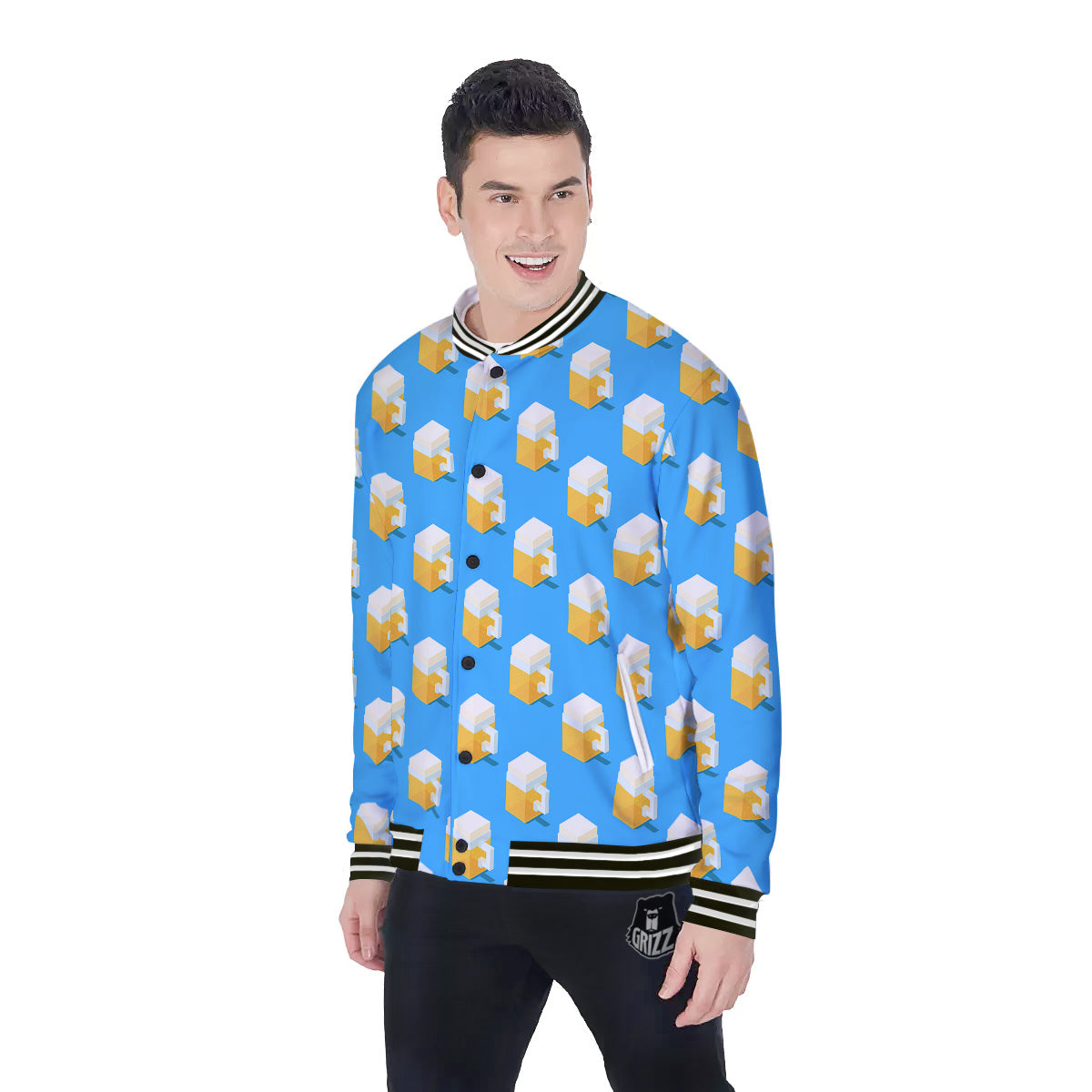 Cubic Beer Mugs On Blue Print Pattern Baseball Jacket-grizzshop