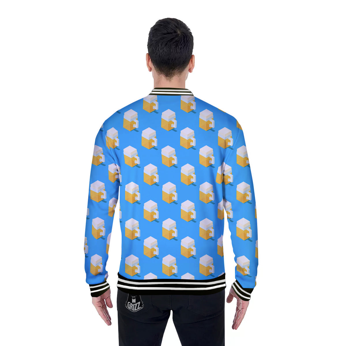 Cubic Beer Mugs On Blue Print Pattern Baseball Jacket-grizzshop