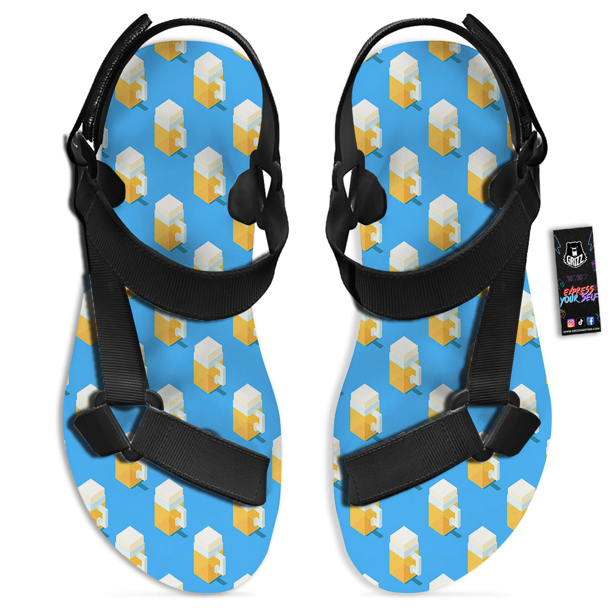 Cubic Beer Mugs On Blue Print Pattern Black Open Toe Sandals-grizzshop