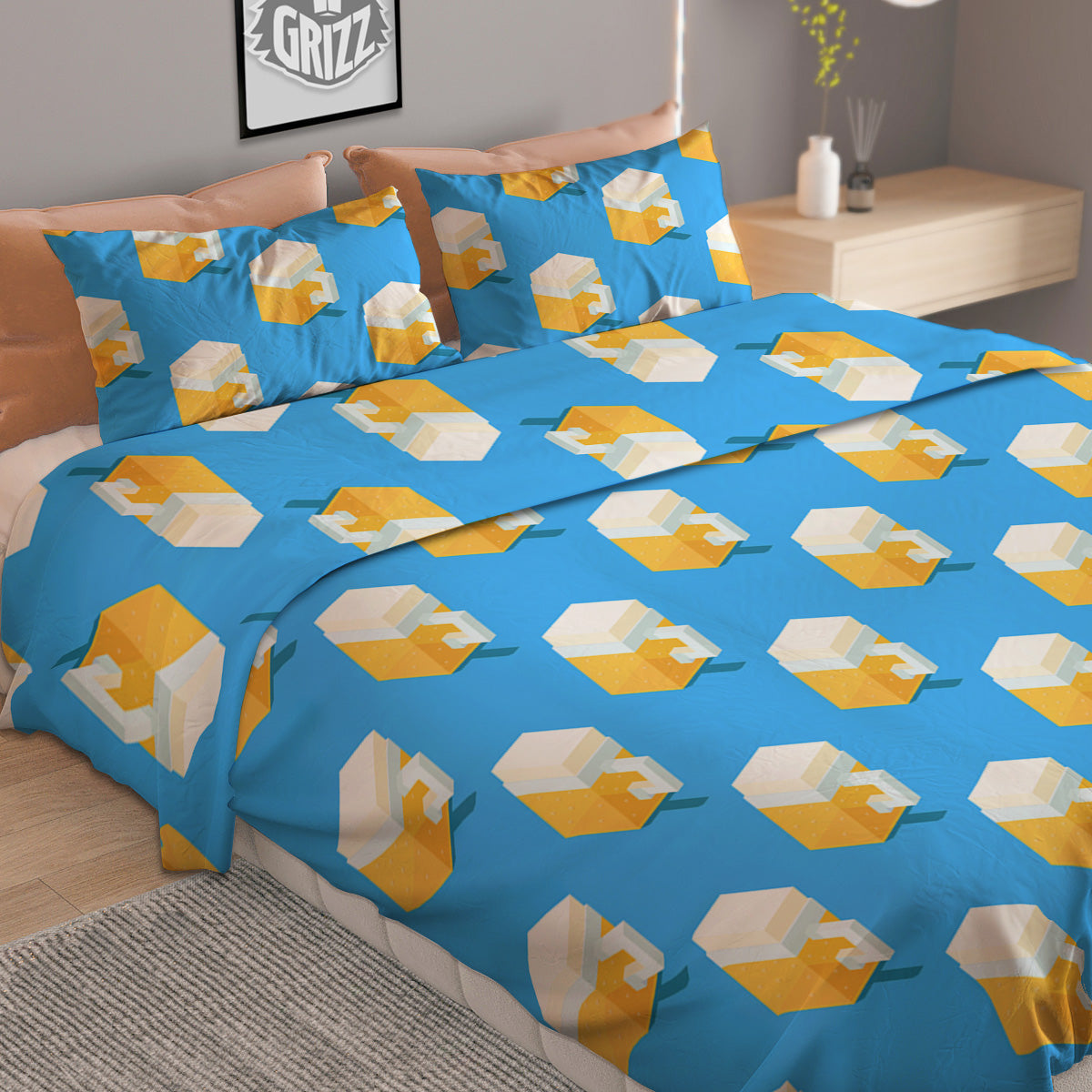 Cubic Beer Mugs On Blue Print Pattern Duvet Cover Bedding Set
