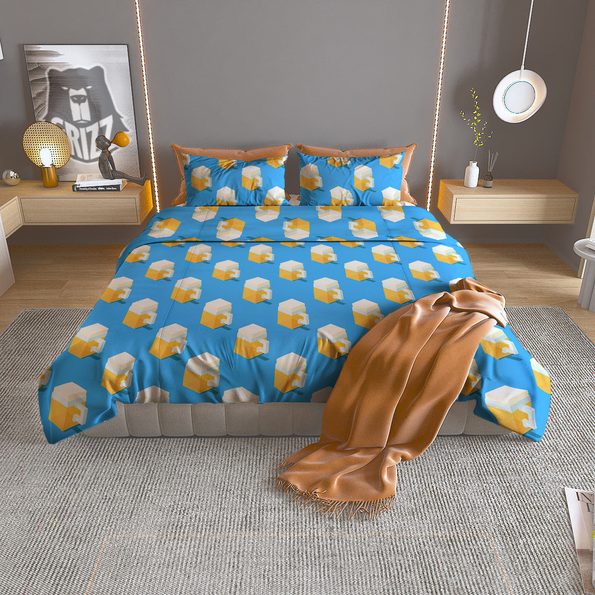 Cubic Beer Mugs On Blue Print Pattern Duvet Cover Bedding Set