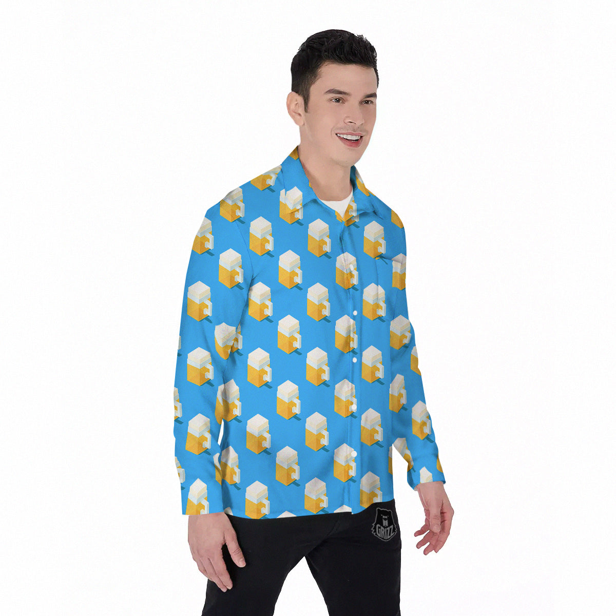 Cubic Beer Mugs On Blue Print Pattern Men's Long Sleeve Shirts-grizzshop