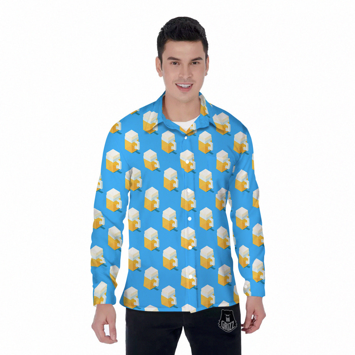 Cubic Beer Mugs On Blue Print Pattern Men's Long Sleeve Shirts-grizzshop