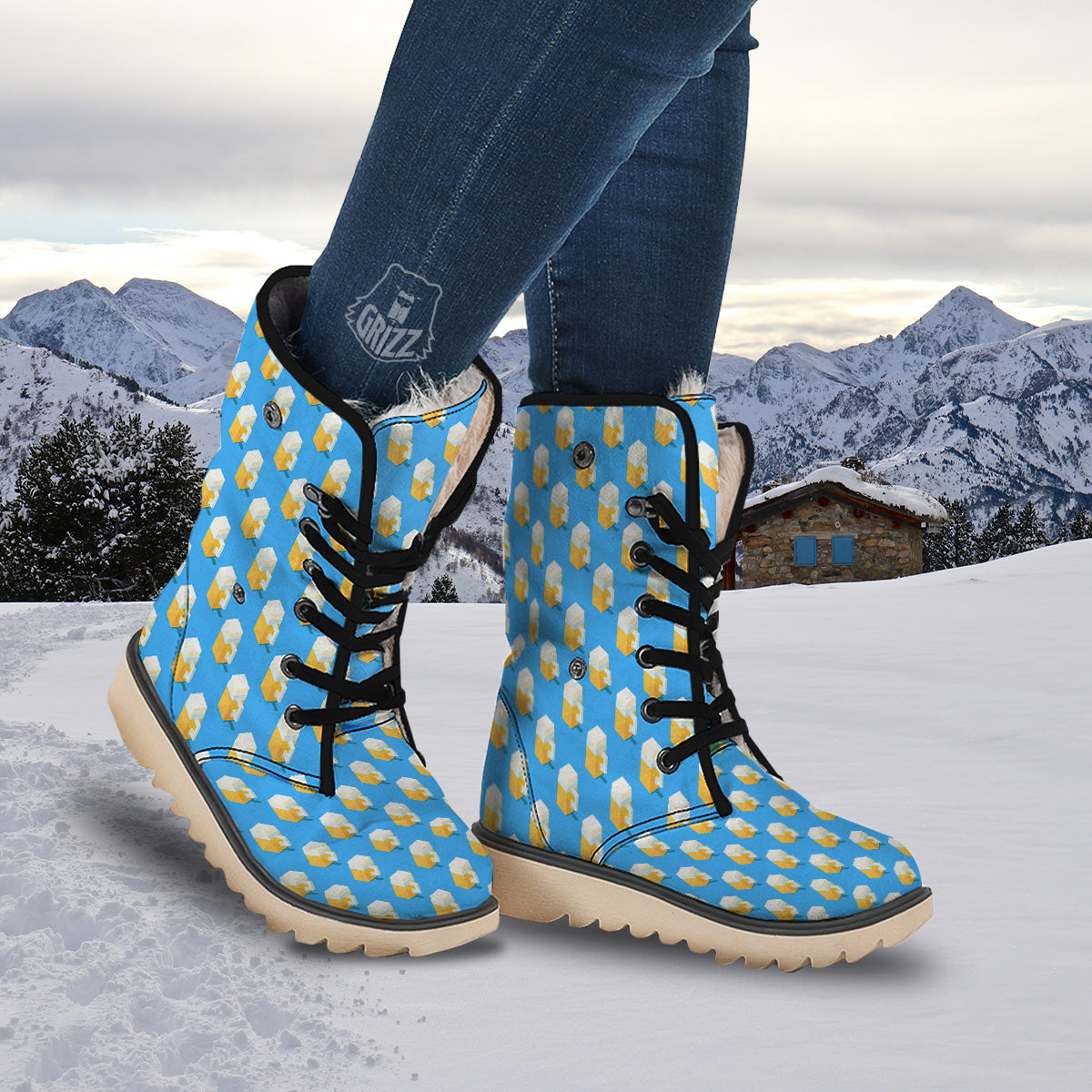 Cubic Beer Mugs On Blue Print Pattern Snow Boots-grizzshop