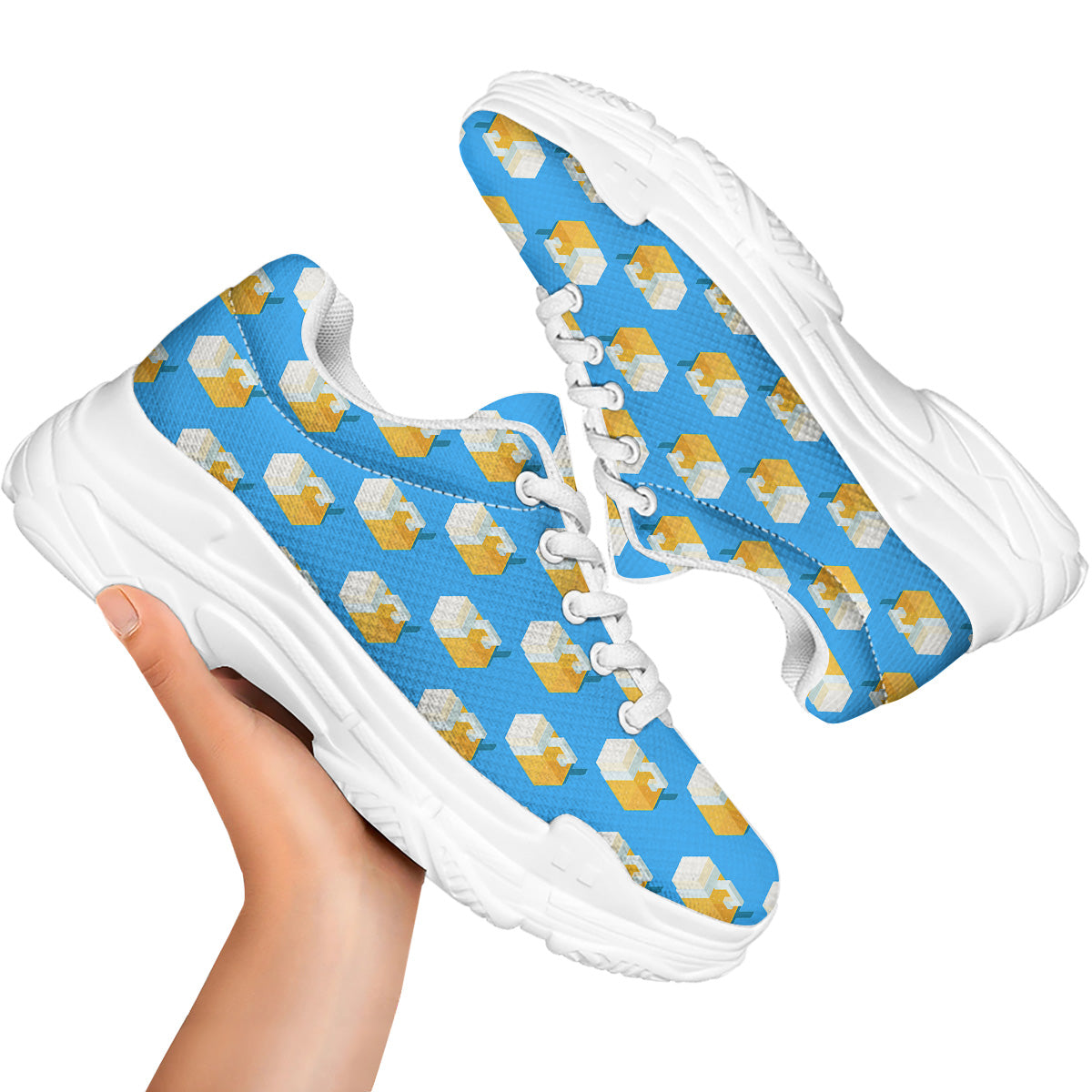Cubic Beer Mugs On Blue Print Pattern White Chunky Shoes-grizzshop