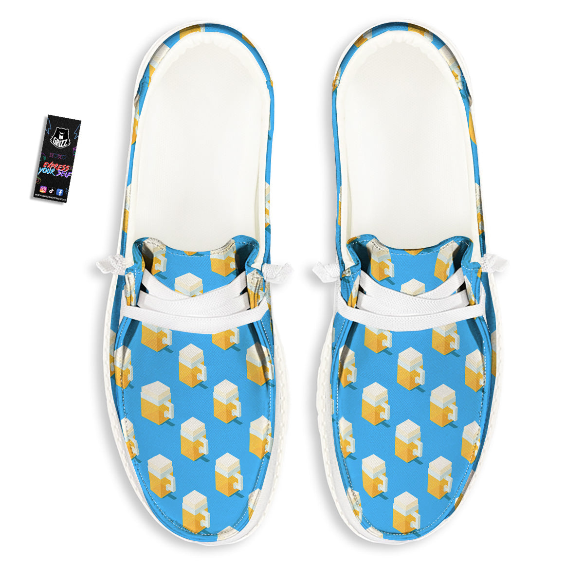 Cubic Beer Mugs On Blue Print Pattern White Loafers-grizzshop
