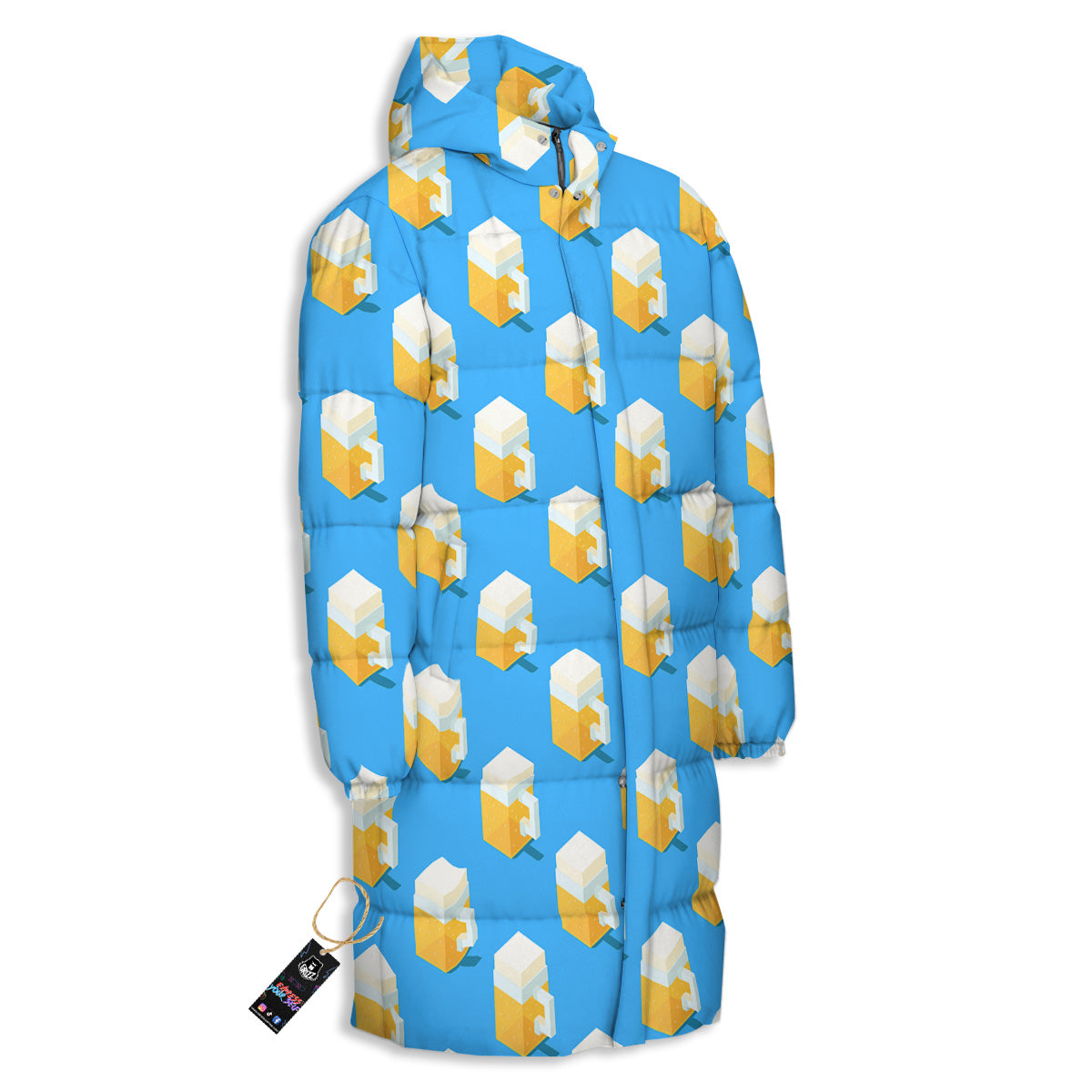 Cubic Beer Mugs On Blue Print Pattern Long Down Jacket