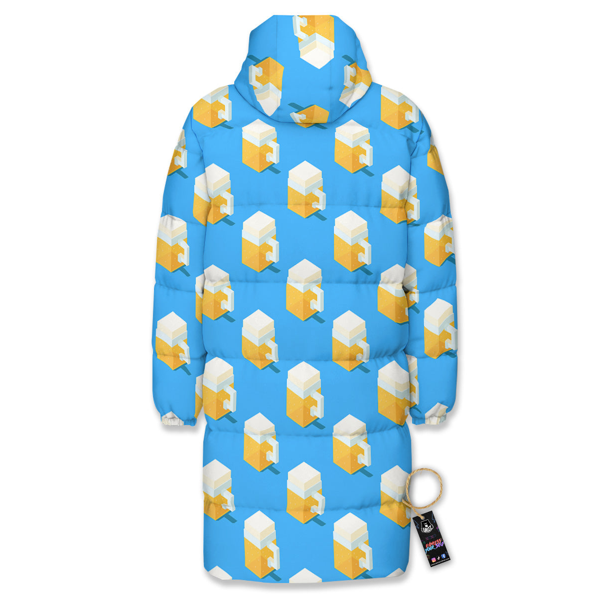 Cubic Beer Mugs On Blue Print Pattern Long Down Jacket