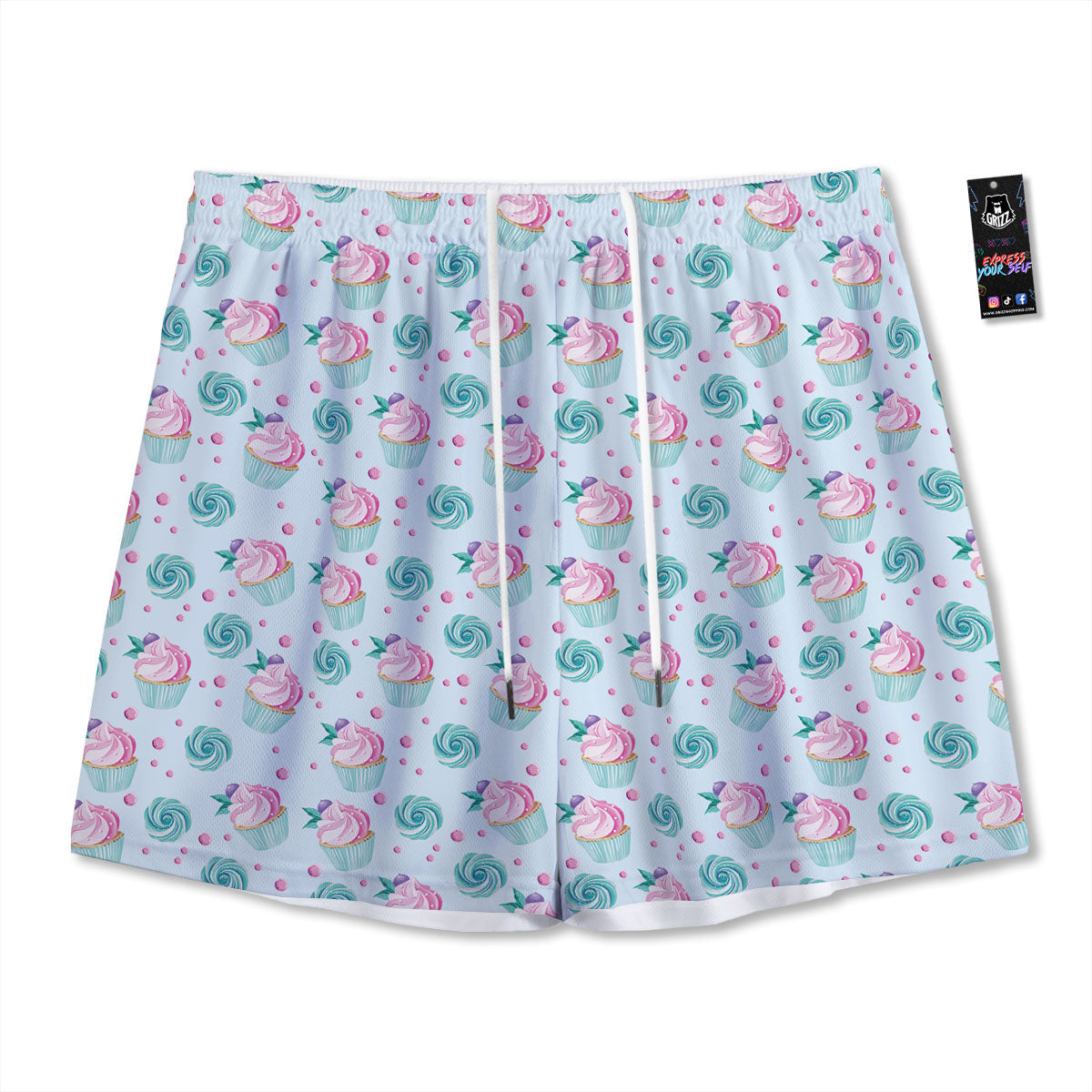 Cupcake Cartoon Print Pattern Mesh Shorts-grizzshop