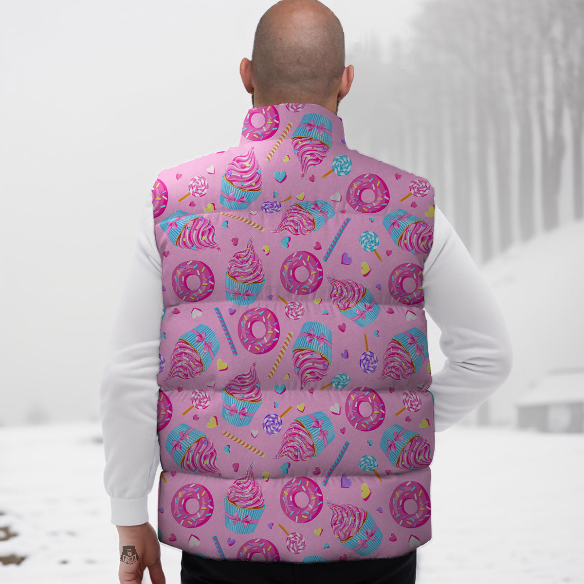 Cupcake Pink Print Pattern Down Vest-grizzshop