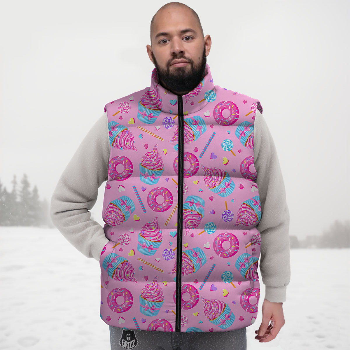 Cupcake Pink Print Pattern Down Vest-grizzshop