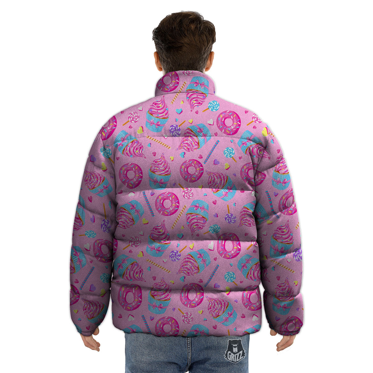 Cupcake Pink Print Pattern Puffer Jacket-grizzshop