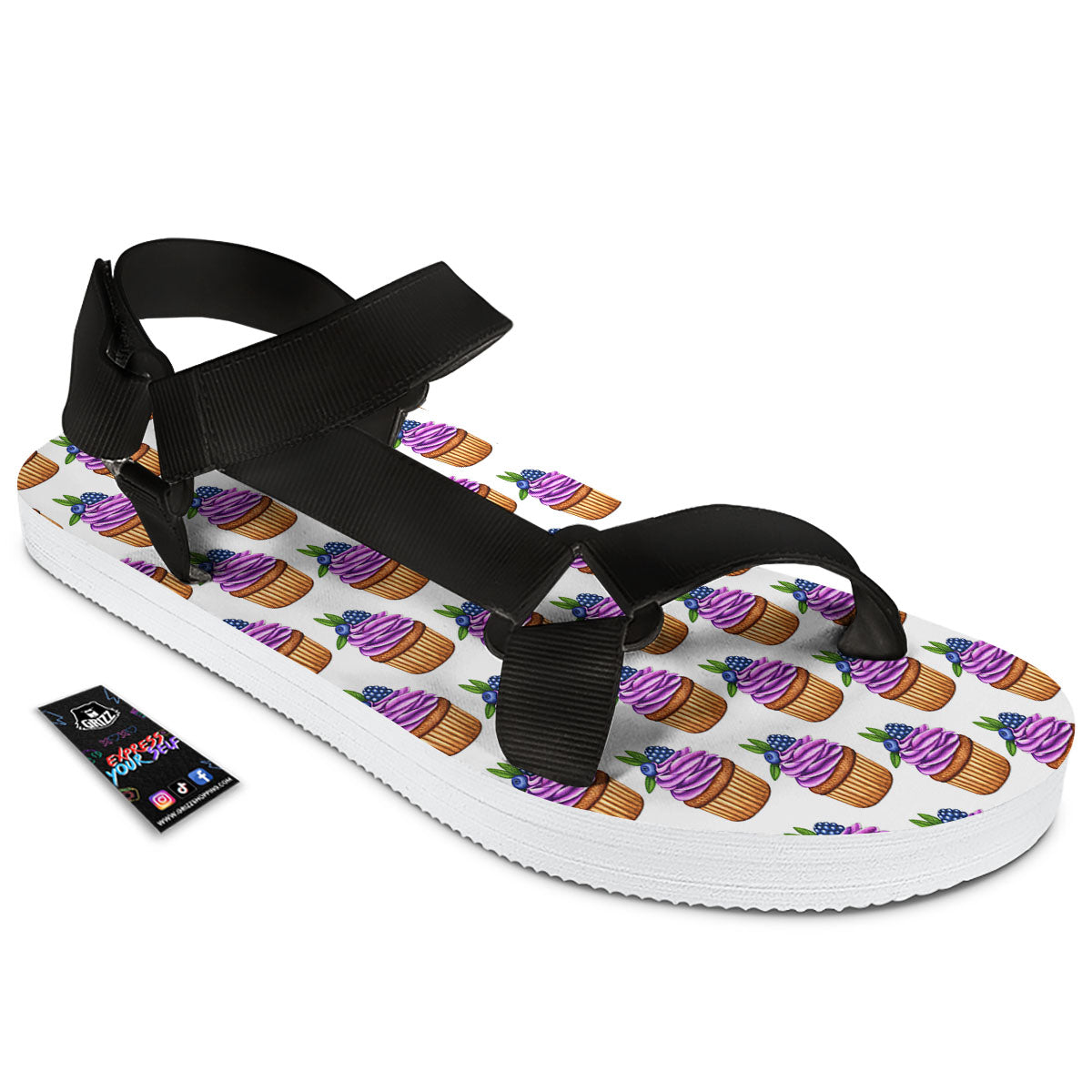 Cupcake Purple Print Pattern Black Open Toe Sandals-grizzshop
