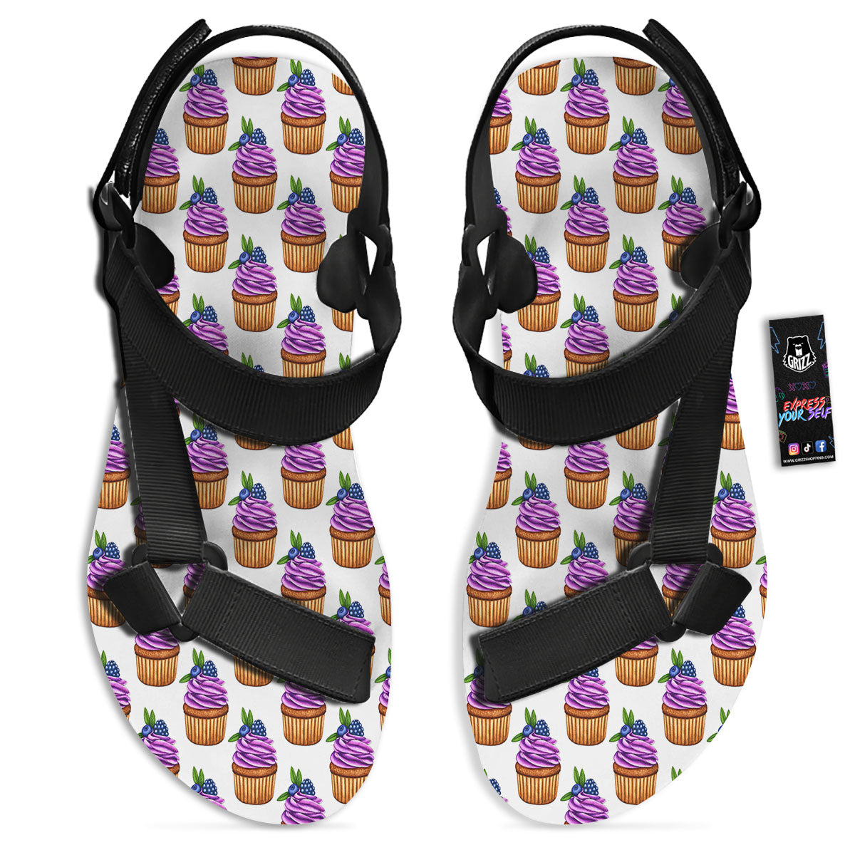 Cupcake Purple Print Pattern Black Open Toe Sandals-grizzshop