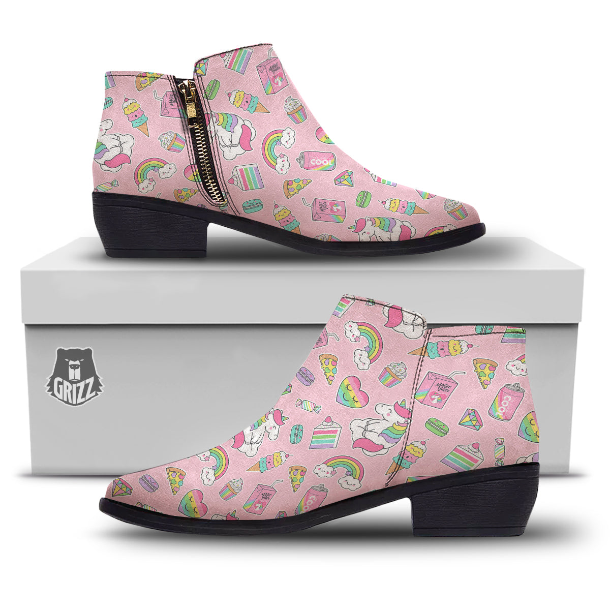 Cupcake Unicorn Print Pattern Ankle Boots-grizzshop