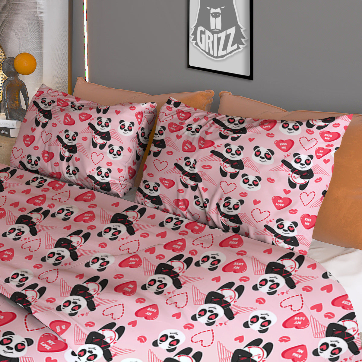 Cupid Valentine Cute Panda Print Pattern Duvet Cover Bedding Set