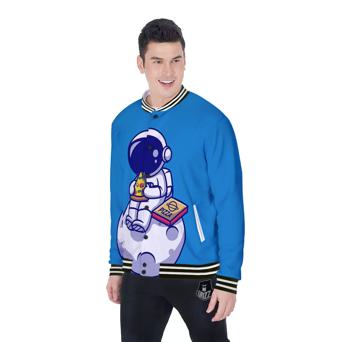 Cute Astronaut Eating Pizza Print Baseball Jacket-grizzshop