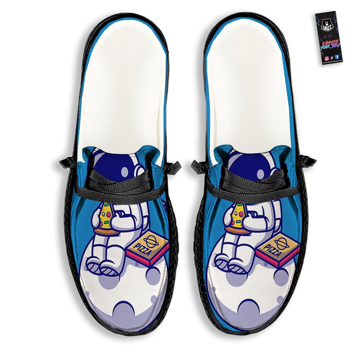 Cute Astronaut Eating Pizza Print Black Loafers-grizzshop