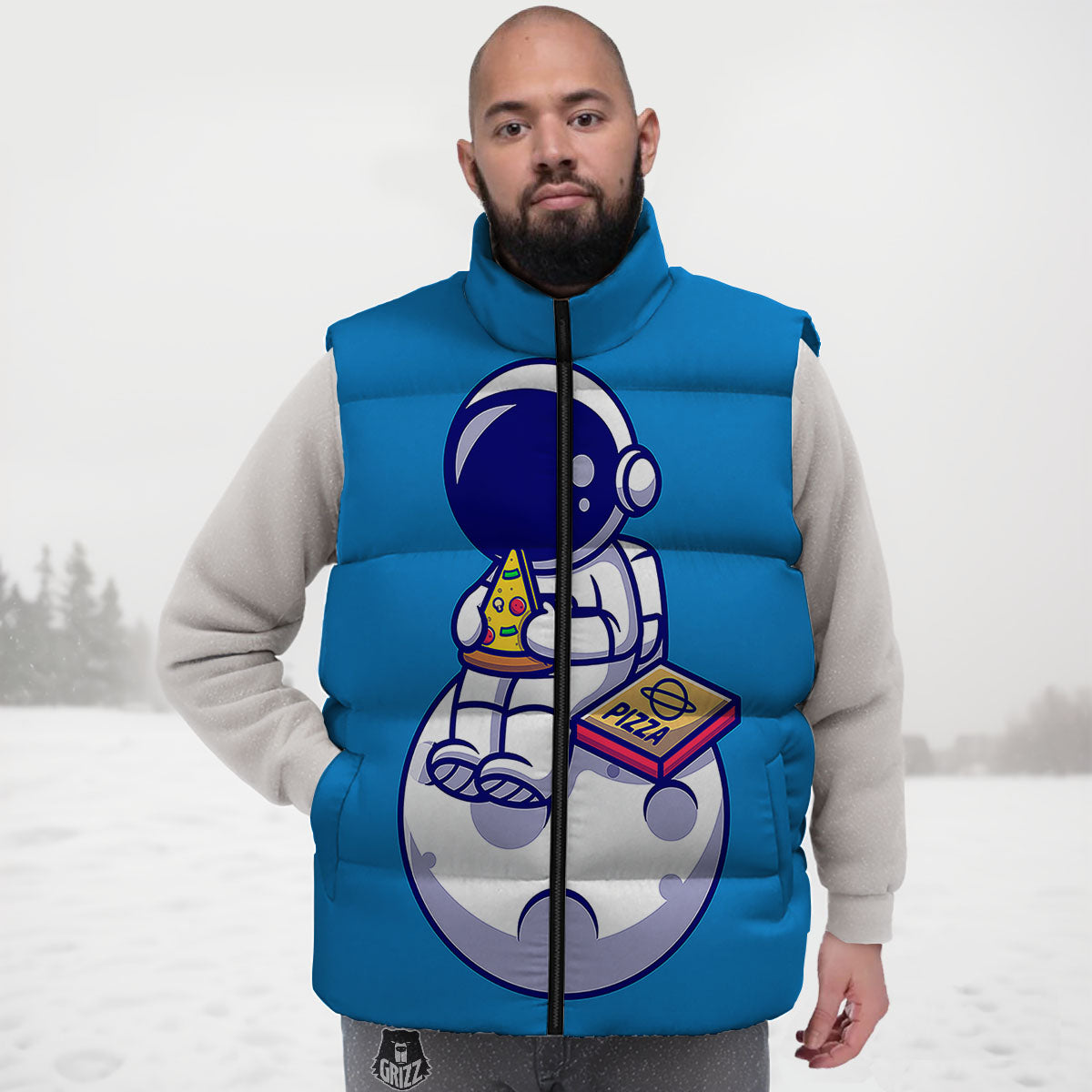 Cute Astronaut Eating Pizza Print Down Vest