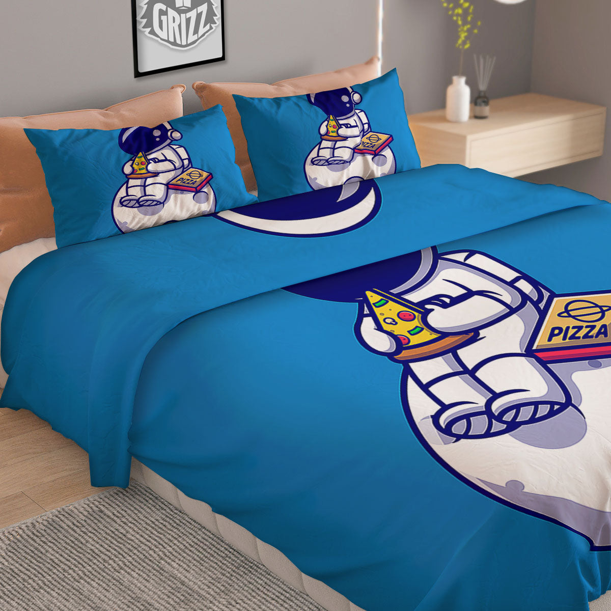 Cute Astronaut Eating Pizza Print Duvet Cover Bedding Set