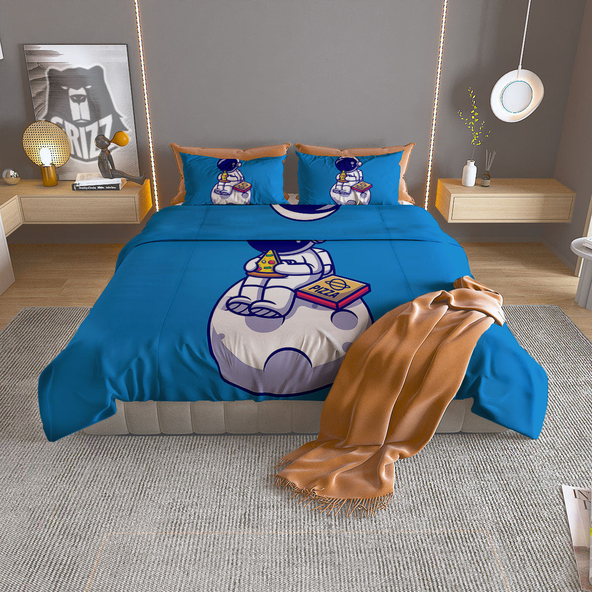 Cute Astronaut Eating Pizza Print Duvet Cover Bedding Set